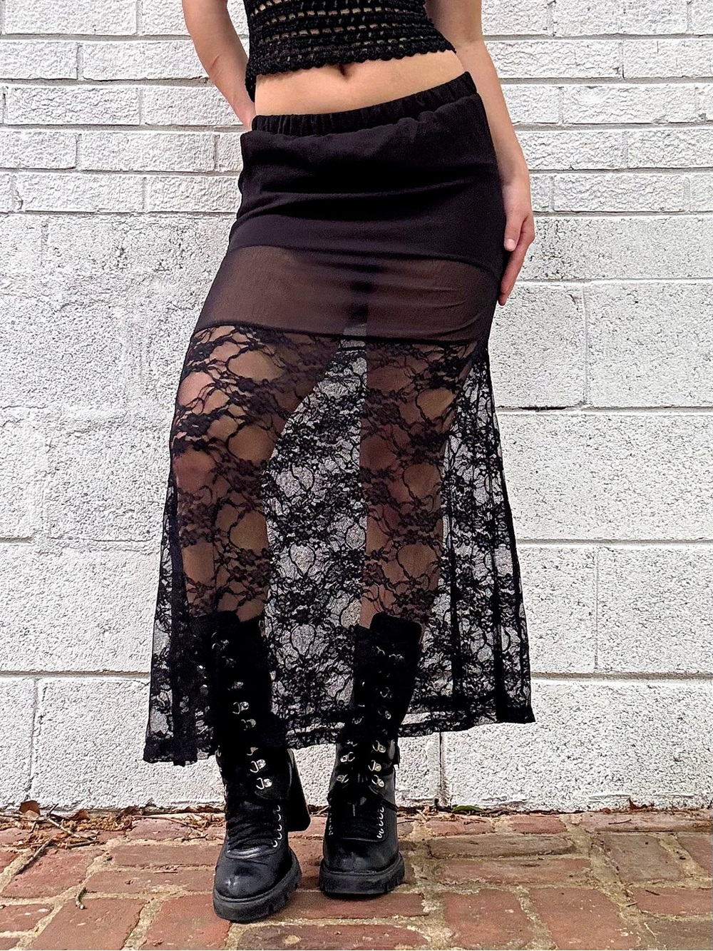 The Arte by Zenana Black Sheer Mesh & Lace Maxi Skirt